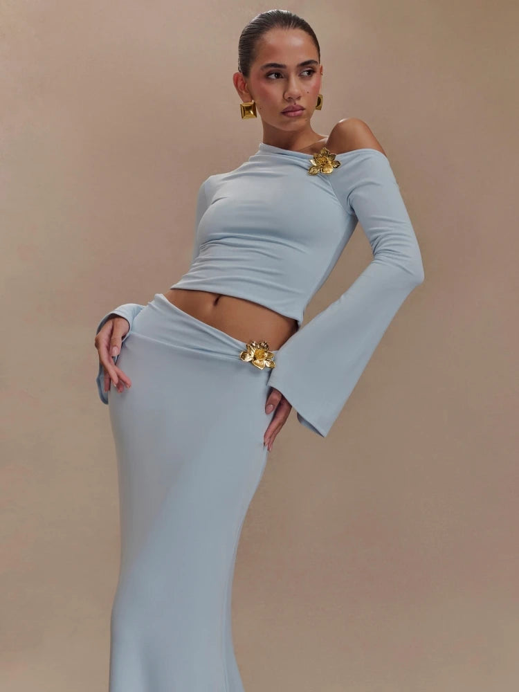 Women's Metal Flower Skirt Two Piece Set Sexy Slanted Neck Long Sleeves Top + Slim Long Skirt Suits Celebrity Party Cocktail