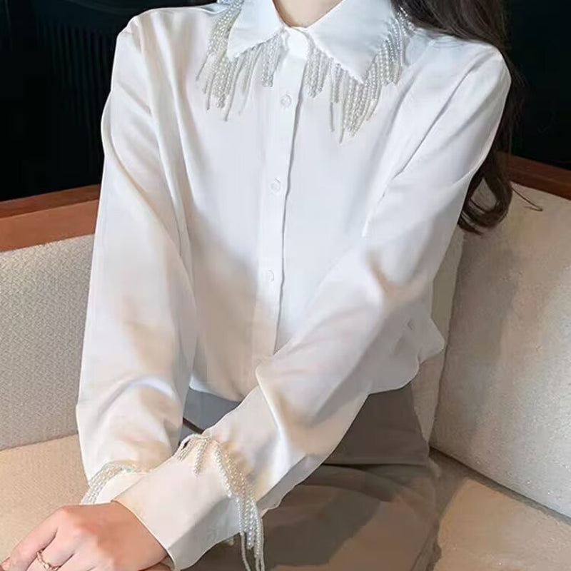 Luxury Pearls Beaded Tassels White Shirts