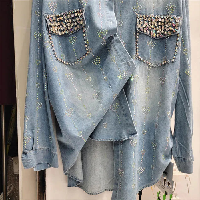 Rhinestone Diamond Turn Down Collar Denim Blouse