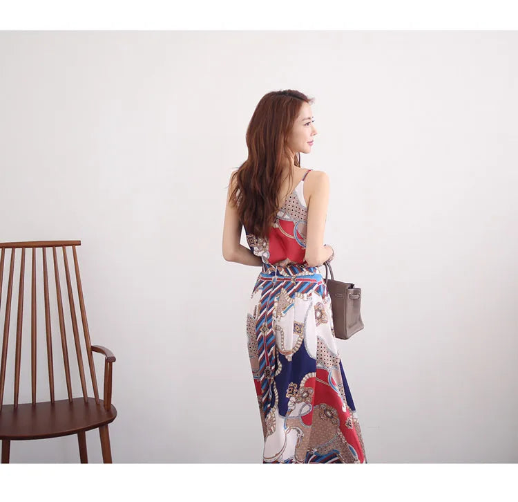 H Han Queen Hot Sale Summer Women Print Work 2 Pieces Set Camisole Top Blouses + Vintage A-Line Skirt Korean Simple Skirt Suit