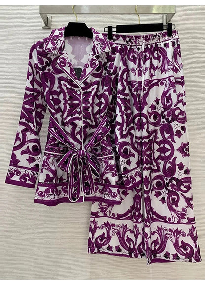 Long sleeve majolica print Two-piece Set