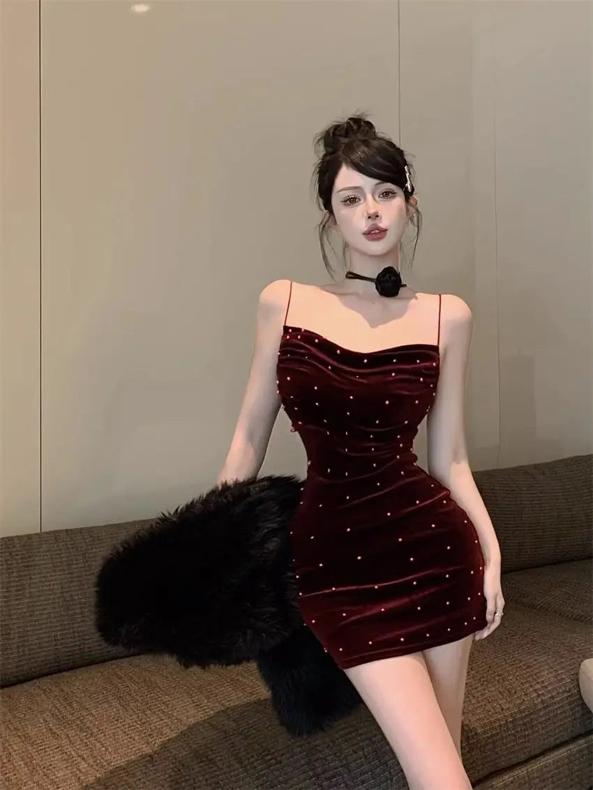 Spring Autumn Solid Color Fashion Slip Dress Women High Street Sexy Slim Pleated Package Hip Dress Embroidered Flares Vestidos