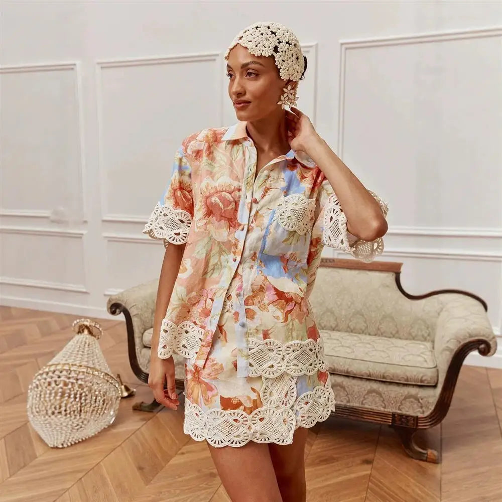VACAY 2026 Women's Floral Lace Shirt Short Skirt Set Casual Three-Piece Suit European Style Three-Quarter Sleeve Plant Floral... - Shellss