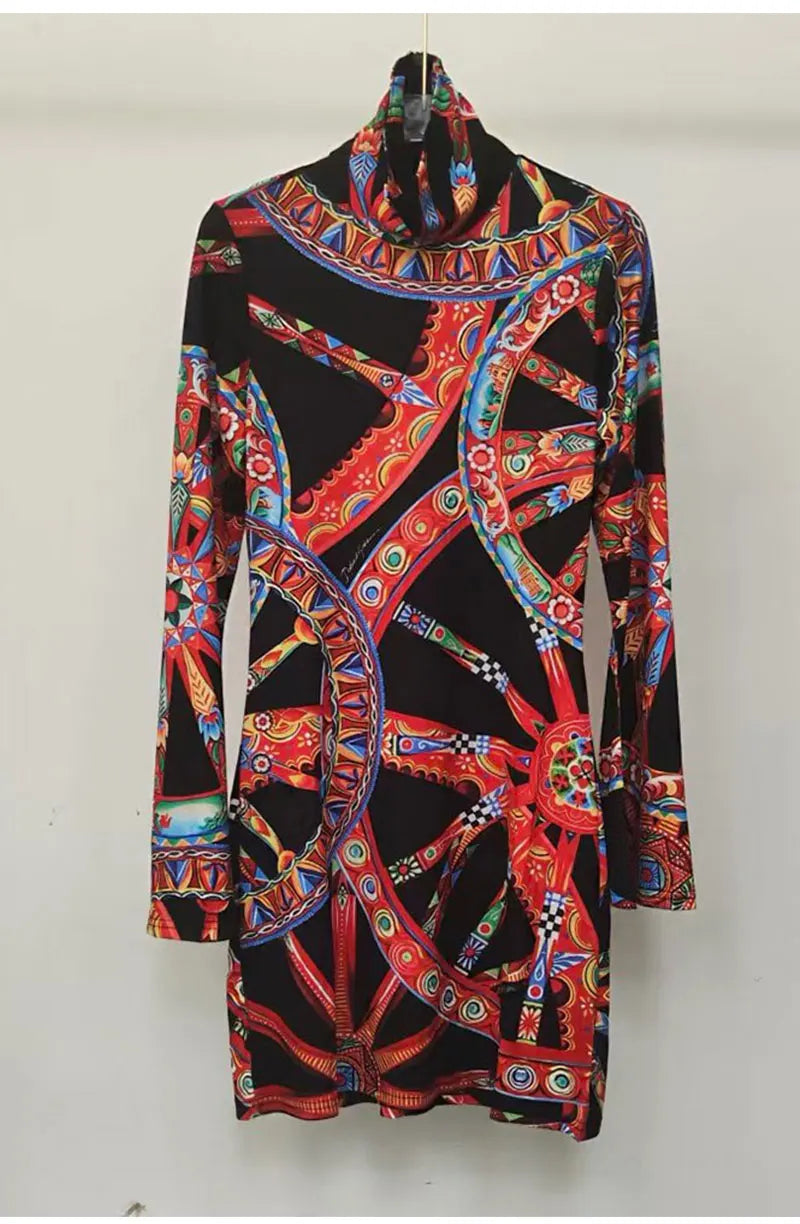 Retro Color Wheel Print High-Neck Long-Sleeve Slim Fit Mini Dress for Women Autumn Elastic Waist Holiday Banquet Temperament Dre - Shellss