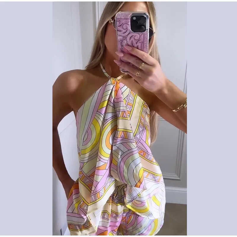 Sexy Women's Satin Printed Vest Shorts Set Lace Up Backless Strapless Crop Tops High Waist Short Pant 2026 Summer Beach Suit
