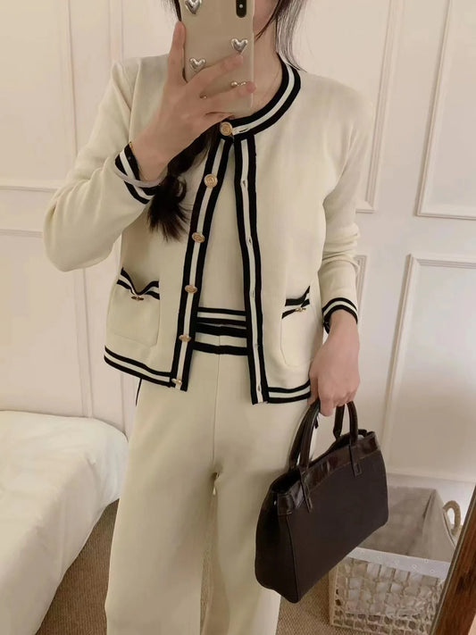 Strick-Cardigan + Hose mit weitem Bein, gestreift, lässig, 3-teiliges Set
