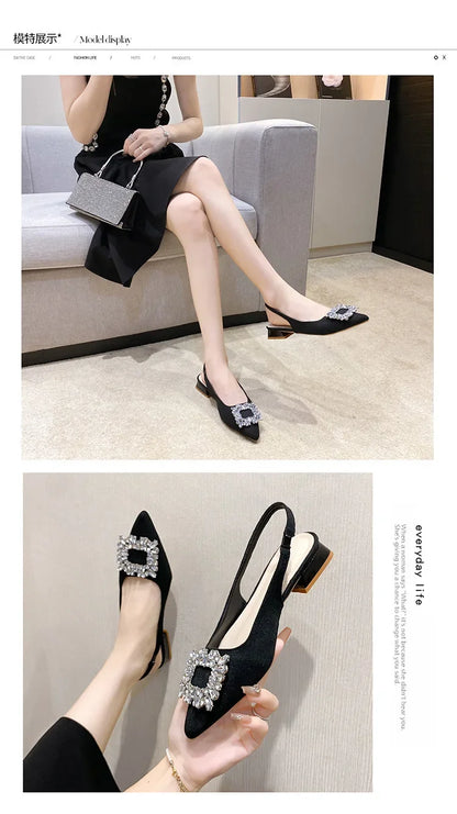 Rhinestone designer short heel shoes