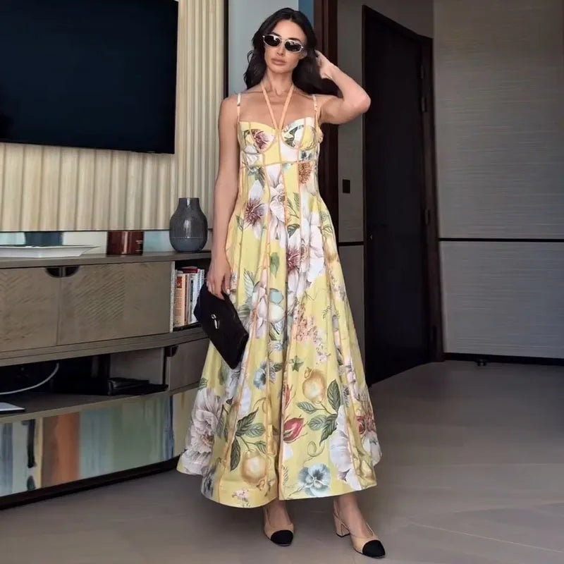 Women's Floral Print Linen Blend Maxi Dress Sweetheart Neckline Sleeveless Panelled Form With Contrast Floral Print