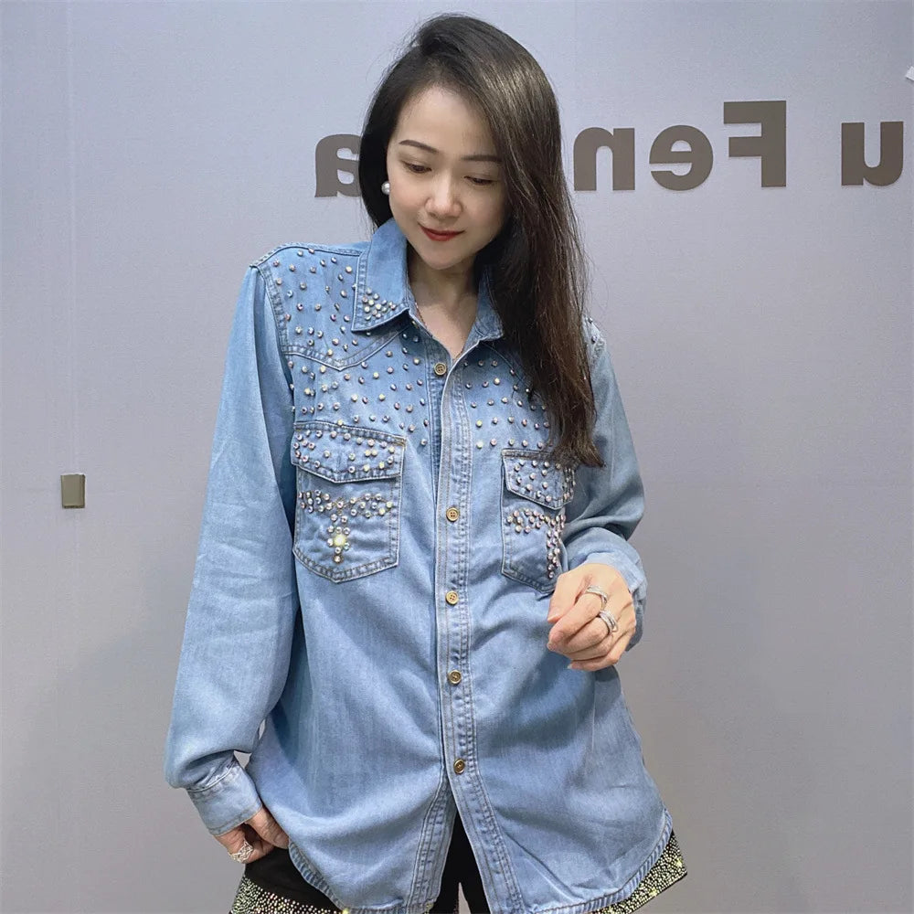 Diamonds Beaded Denim Shirts Rhinestones - Shellss