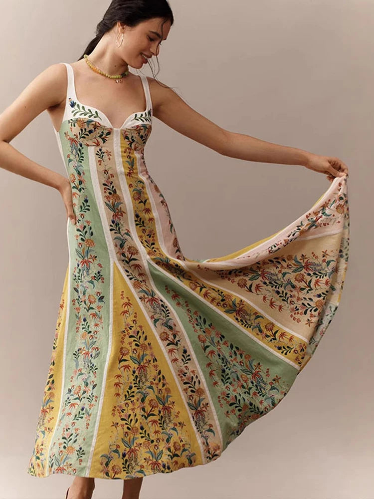 Women's Floral Print Linen Blend Maxi Dress Sweetheart Neckline Sleeveless Panelled Form With Contrast Floral Print