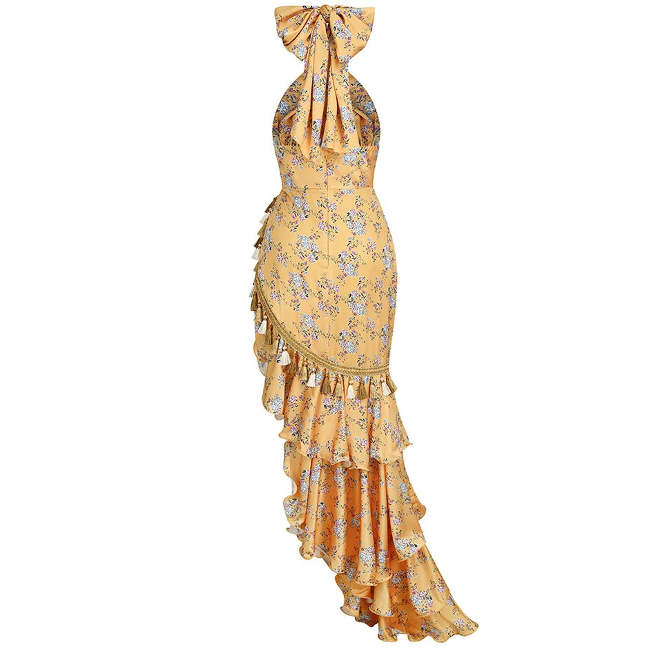 Beautiful Yellow Neck Fringe Floral Skirt Sexy Sleeveless Dress