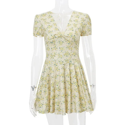 Yellow mini flowers V neck Mini