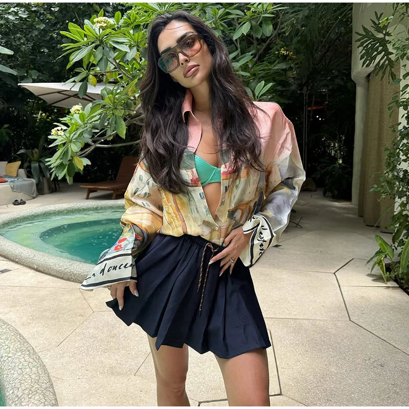 Fashion Printed 2 Piece Set Loose Lapel Button Long Sleeved Shirt Elastic Waist Shorts Suit 2025 Summer Autumn Beach Lady Set
