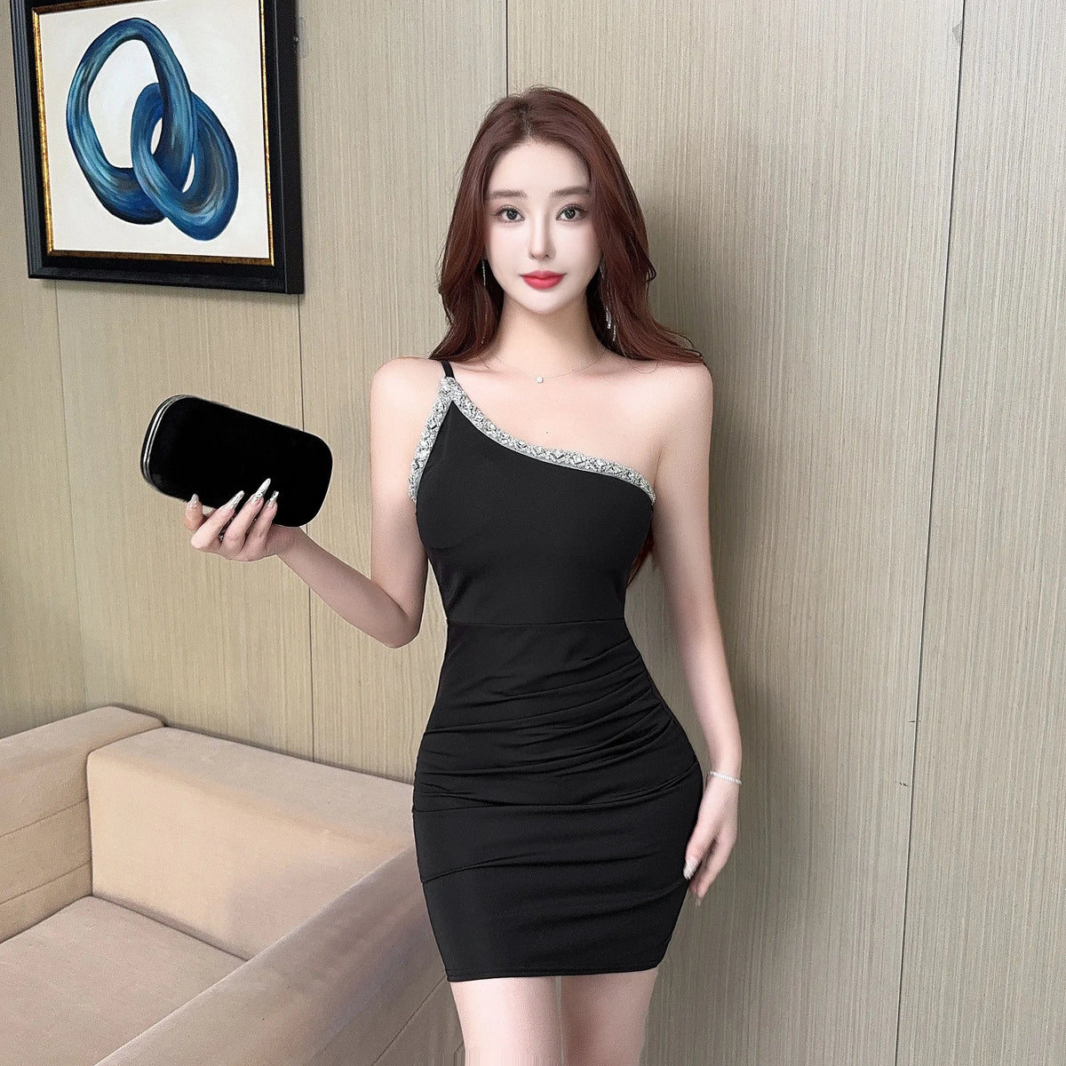 Sexy Low Cut Bodycon Dress Evening Club Single Shoulder Short Skirt Tight Fit Slimming Backless High Waist Polyester Fiber