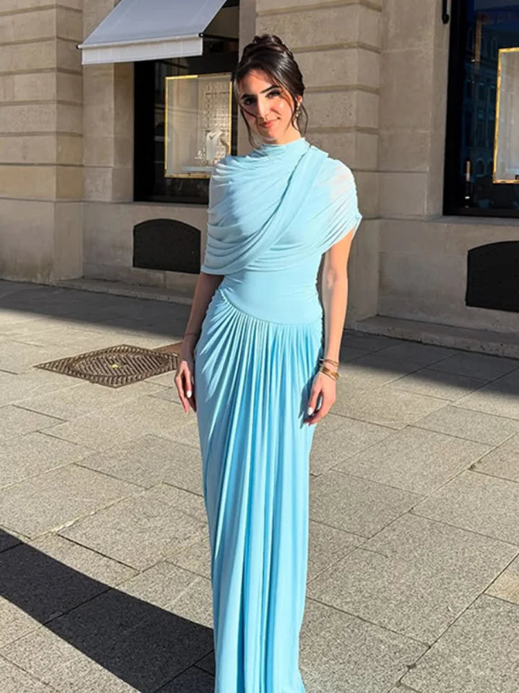 Irregular Shawl Blue Maxi Dress Women's Fashion Turtleneck Slim Fit Pleated Vestidos 2025 New Lady Evening Party Robes Summer - Shellss