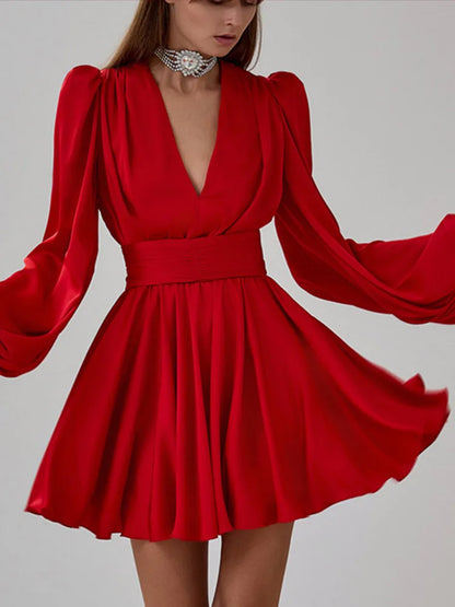 Elegant Red High Waist Long Lantern Sleeve Female Dress