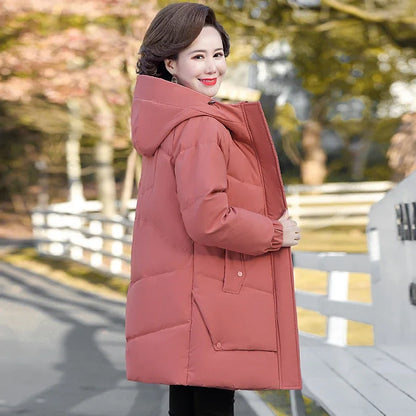 Winter Cotton padded Jacket Hooded solid color fleece thick Parkas Warm Loose Long Overcoat middle aged and Grandma Snow Coat