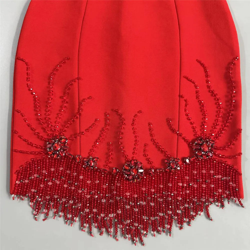 New sexy sleeveless diamond studded mid length dress, beaded tassel bandage dress, dance party dinner dress, short mini skirt