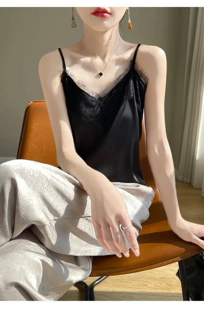 Satin Lace Trim V-Neck Crop Top