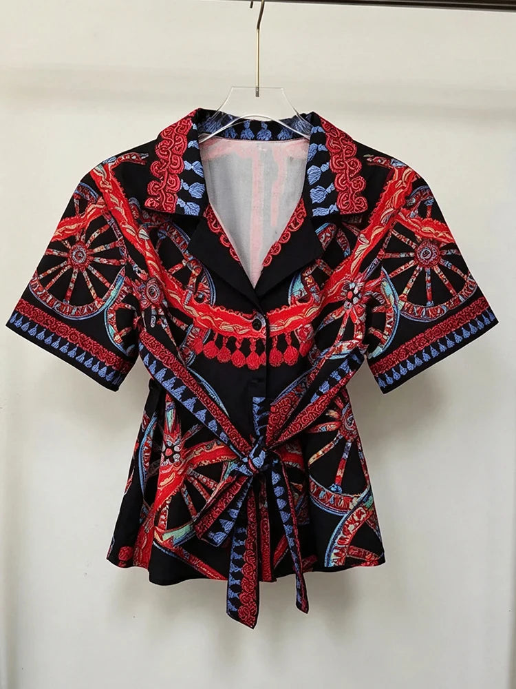 Elegant Retro Wheel Print Two-Piece Suit for Women Short Sleeve Lapel Lace-Up Shirt with Elastic Waist Shorts Summer Fashion - Shellss