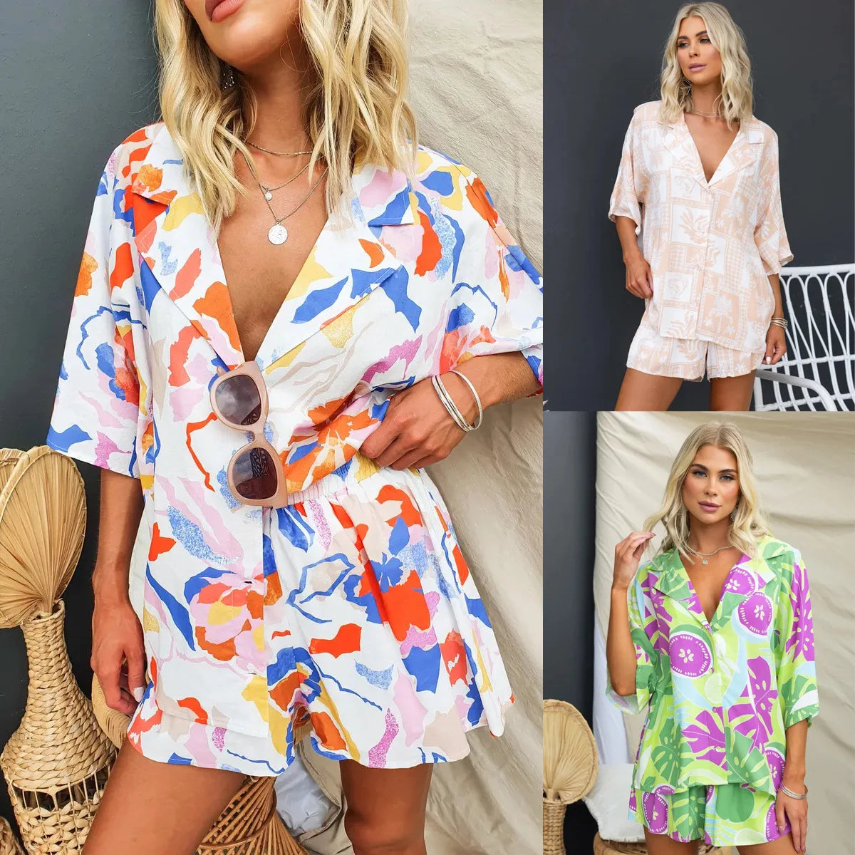 Retro Print Short Sleeve 2PCS Loose Suits