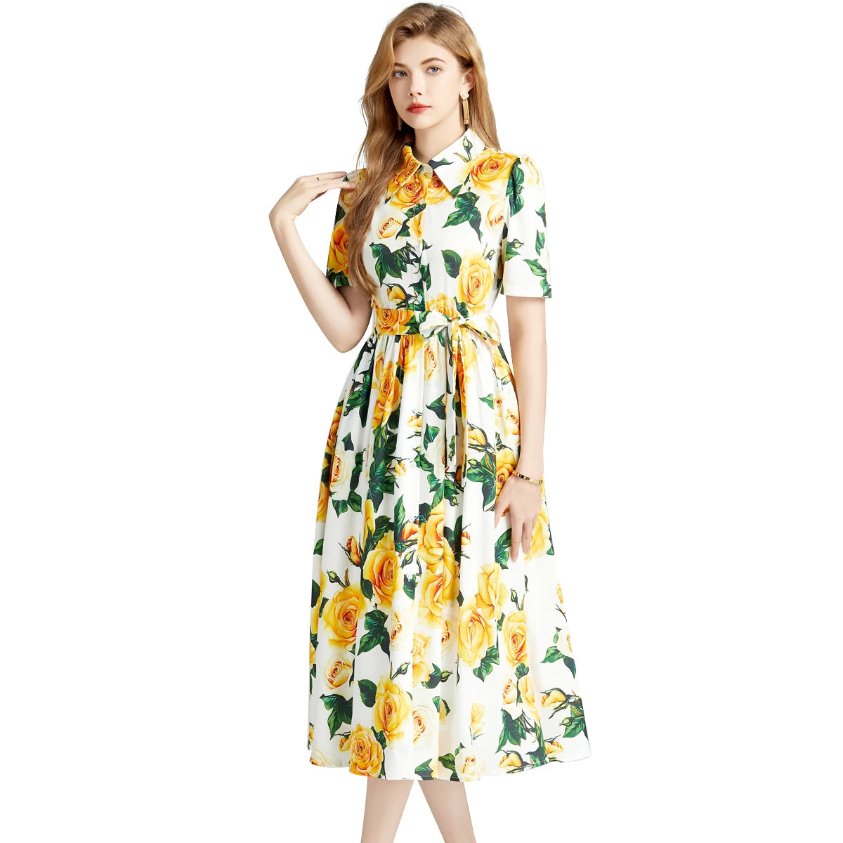 Yellow Rose Print Belted Shirt Dress