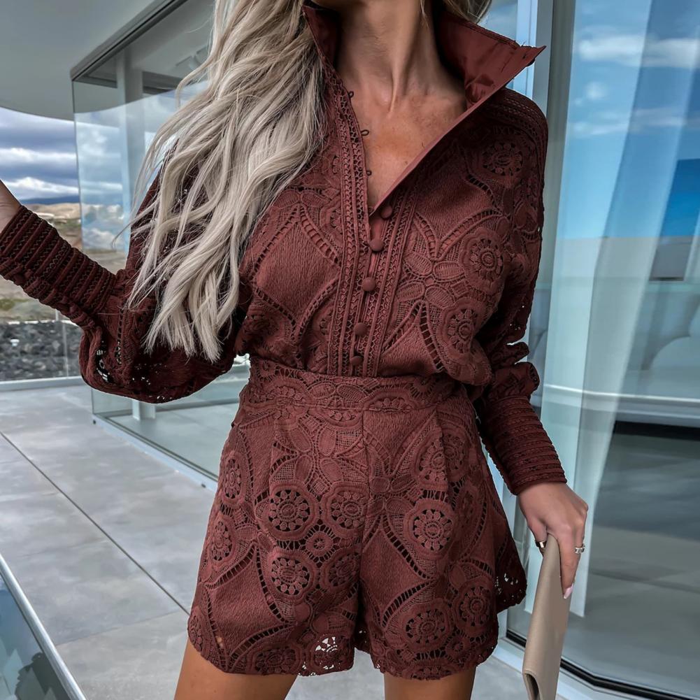 Elegant Lace Embroidered Blouse & Wide-Leg Shorts Set - Shellss