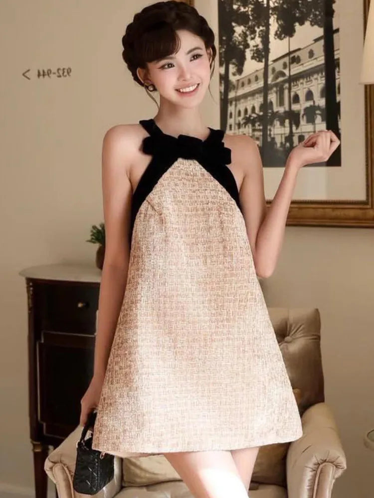 DEAT Women Halter Bow Tweed Mini Dress Color Block Neck Trim Loose Straight Cut Sleeveless Elegant Cocktail Birthday Daily