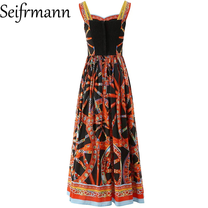 Seifrmann Casual printed cotton suspender dress square neck sleeveless waist long dress 026 autumn women's new style - Shellss