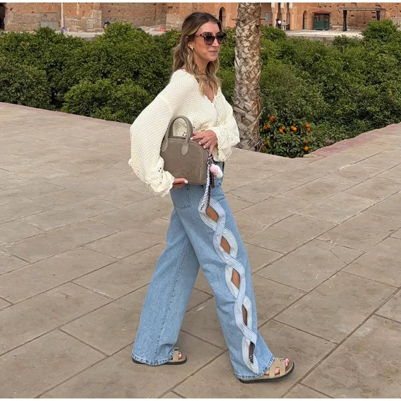 Fashion Side Hollow Out Jeans Women's High Waist Straight Leg Denim Pants 2026 Summer New Lady Trendy Casual Streetwear