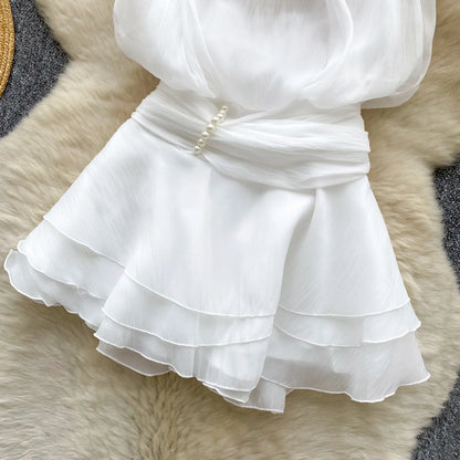 Chiffon Pearl Halter Mini Dress