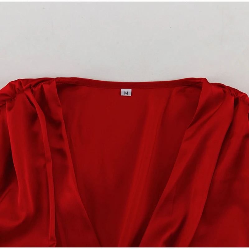 Elegant Red High Waist Long Lantern Sleeve Female Dress