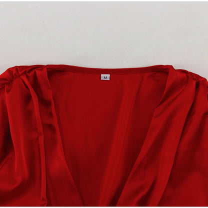 Elegant Red High Waist Long Lantern Sleeve Female Dress