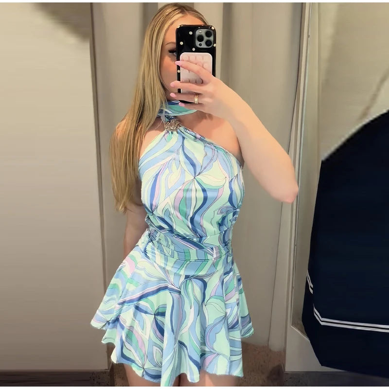 Print Women Dress Backless Mini Dress Halter High Waist Dresses Flared Skirt Hem Waist Shaping Slimming Casual Trendy Street Sty