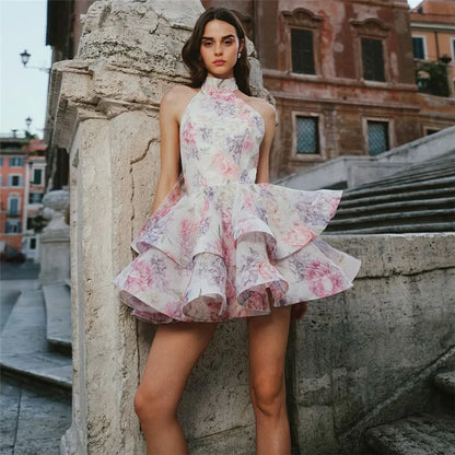 Pink Floral Backless Ruffled Mini Dress Layered