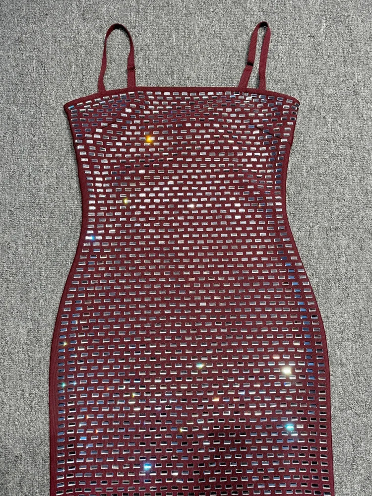Burgundy Sequin Spaghetti Strap Midi Dress Bodycon Sparkly Evening Party Cocktail Formal Dress Women's Slim Fit Backless Gown