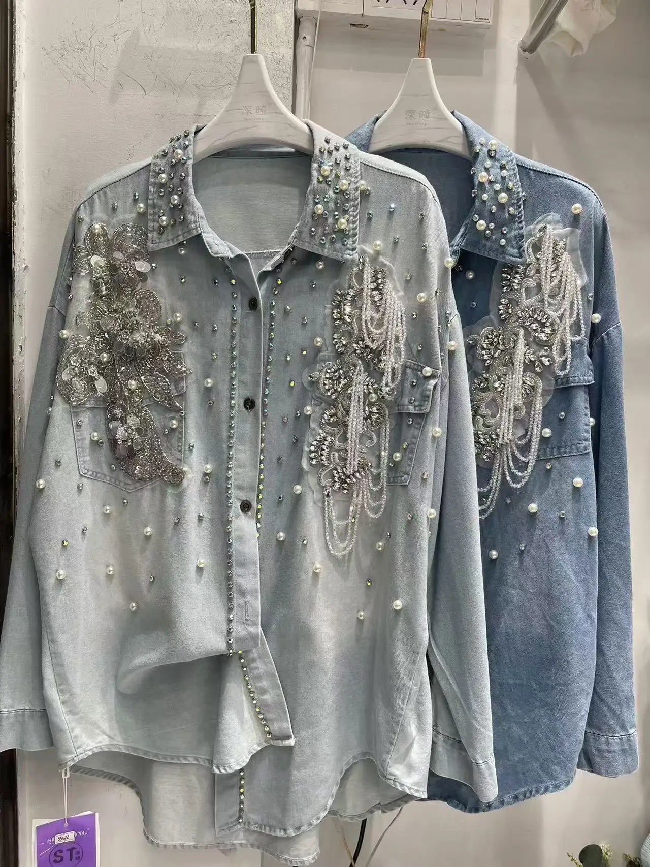 Crystal tassel embellished Denim Shirts