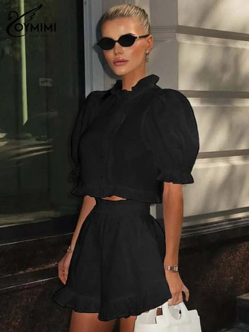 Oymimi Elegant White Cotton Two Piece Set Woman Fashion Ruffled Neck Puff Sleeve Button Crop Shirts And High Waisted Shorts Sets - Shellss