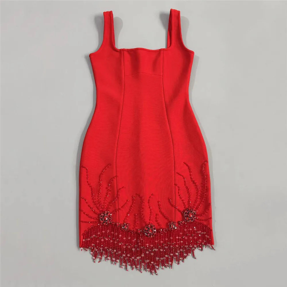 New sexy sleeveless diamond studded mid length dress, beaded tassel bandage dress, dance party dinner dress, short mini skirt