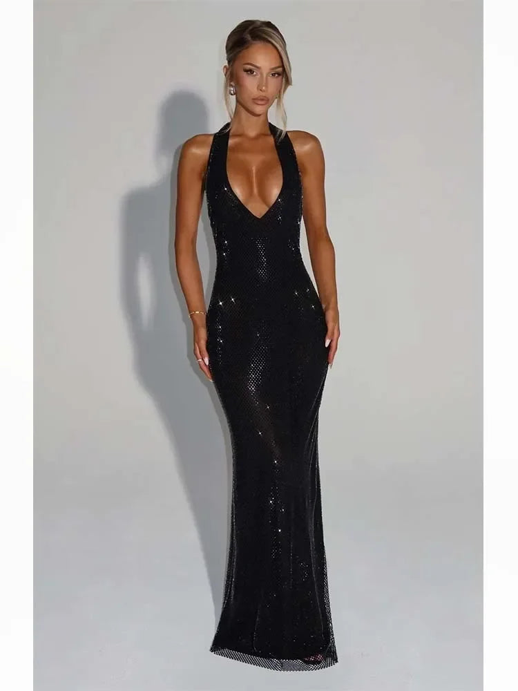 Backless Sequin Nightclub Sexy Party Dress Women Halter  Spring Summer Dress Slim Bodycon Maxi Long Dresses