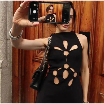 3D Black Elegant Hollow Out Mini Dress Premium