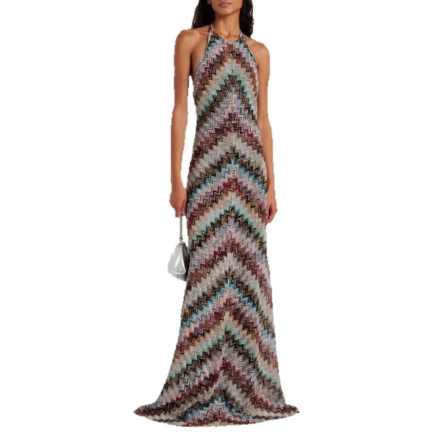 Summer New Fashion American European Women's Casual Trendy Striped Hanging Neck Sleeveless Floor Length Dresses Female Clothes