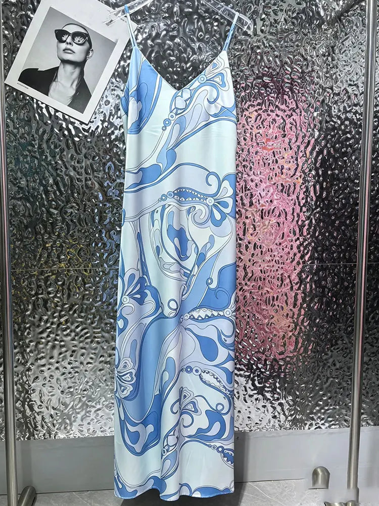 Sexy Summer Women's New Satin Elegant Dress V-Neck Thin Shoulder Strap Geometric Printing Suspenders Elegant Party Holiday Dress