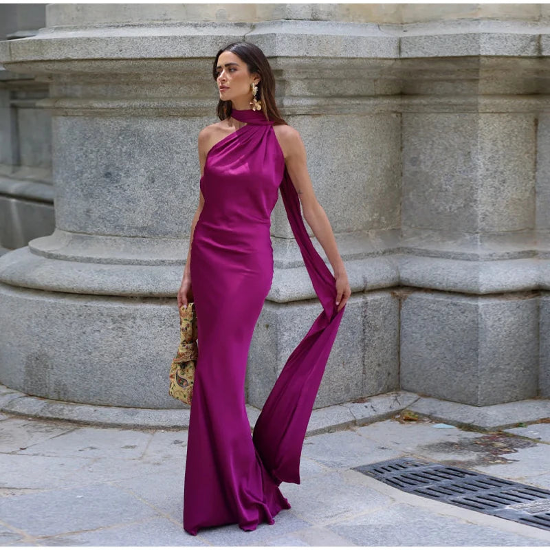 Elegant Ribbon Halter Dress Women Solid Off Shoulder Sleeveless Backless Slim Maxi Dresses 2025 Summer Autumn Party Robes Lady - Shellss