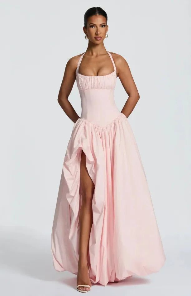 Princ Sle Long Dr LinJ High Waist Fibone Split Ne Hanging Strap European Sle Casual Wear for Middle-Aged Women - Shellss