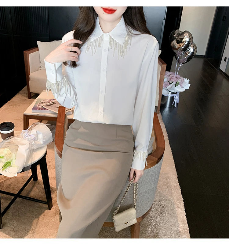 Luxus Perlen Perlen Quasten Weiße Hemden