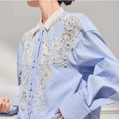 Pearls Beaded Lace Embroidery Blue Shirt