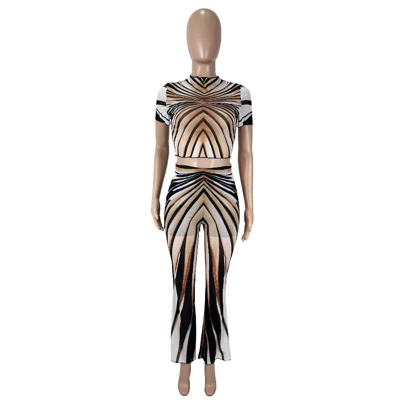 Summer Stripe Sheer Mesh Two Piece Set Women Short Sleeve Top High Waist Pants Elegant See Through Bodycon Matching Sets - Shellss