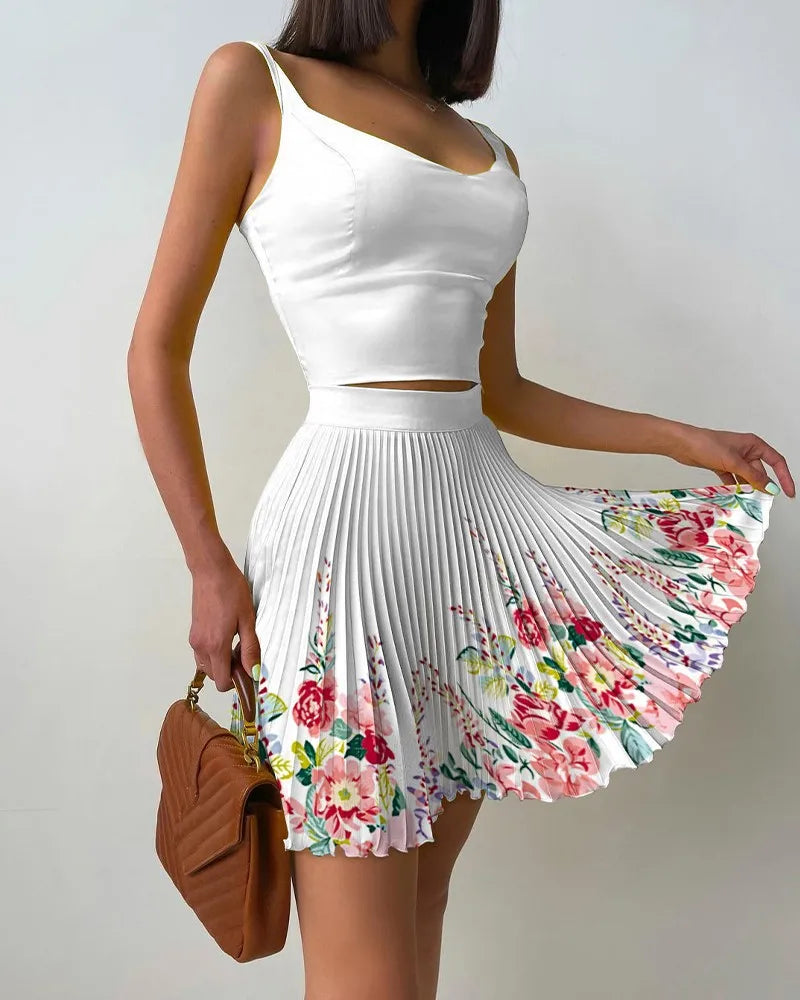 Two Piece Set Mini Print Pleated Skirt Set