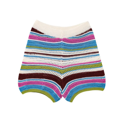 POLO collar short knitted striped shorts set